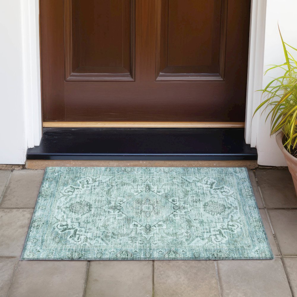 Machine Washable Indoor/Outdoor Chantille ACN2164 Teal 1'8" x 2'6" Rug. Picture 6