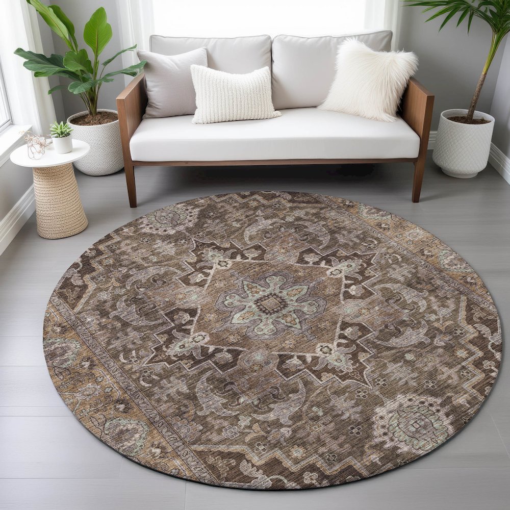 Machine Washable Indoor/Outdoor Chantille ACN2165 Brown 8' x 8' Round Rug. Picture 5