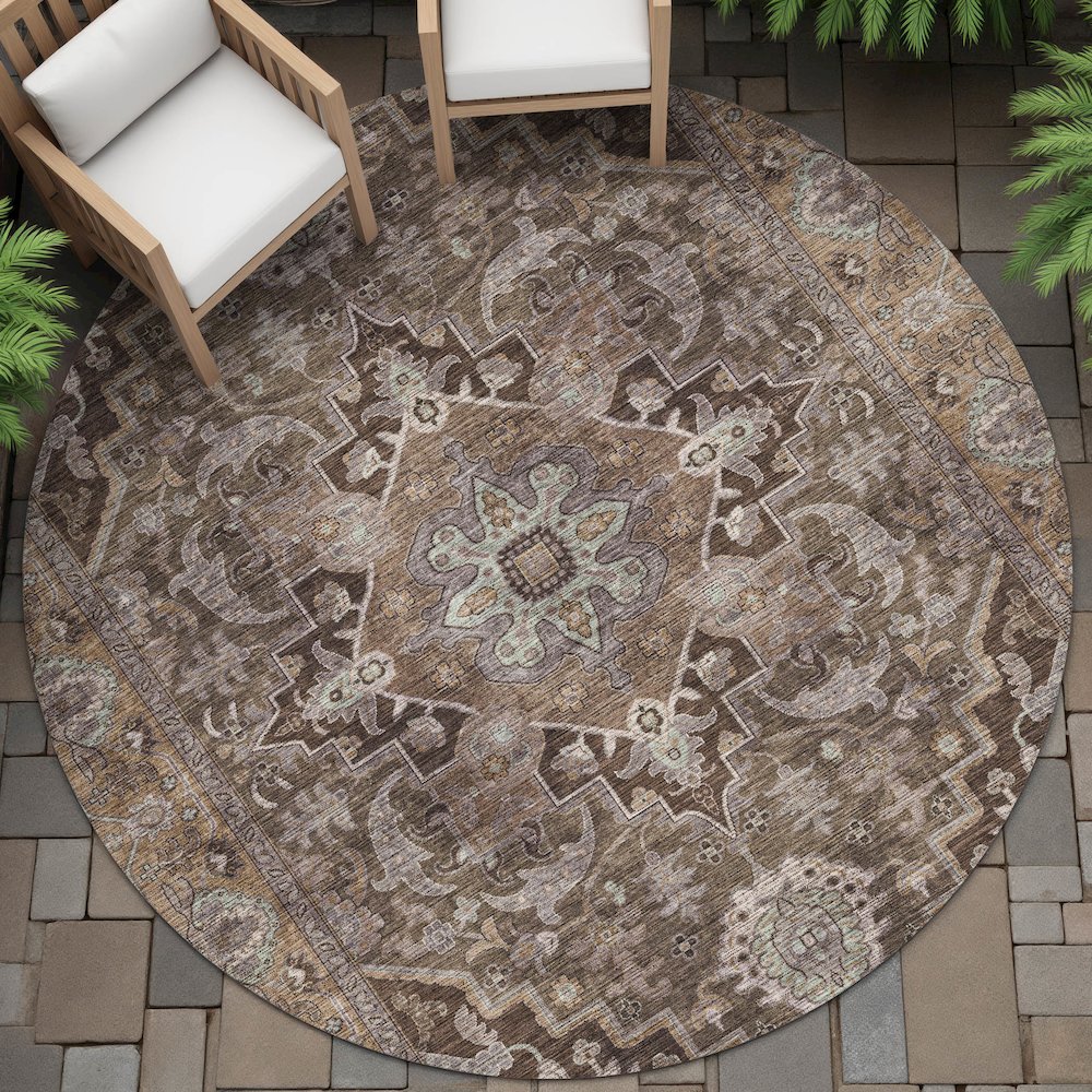 Machine Washable Indoor/Outdoor Chantille ACN2165 Brown 8' x 8' Round Rug. Picture 6
