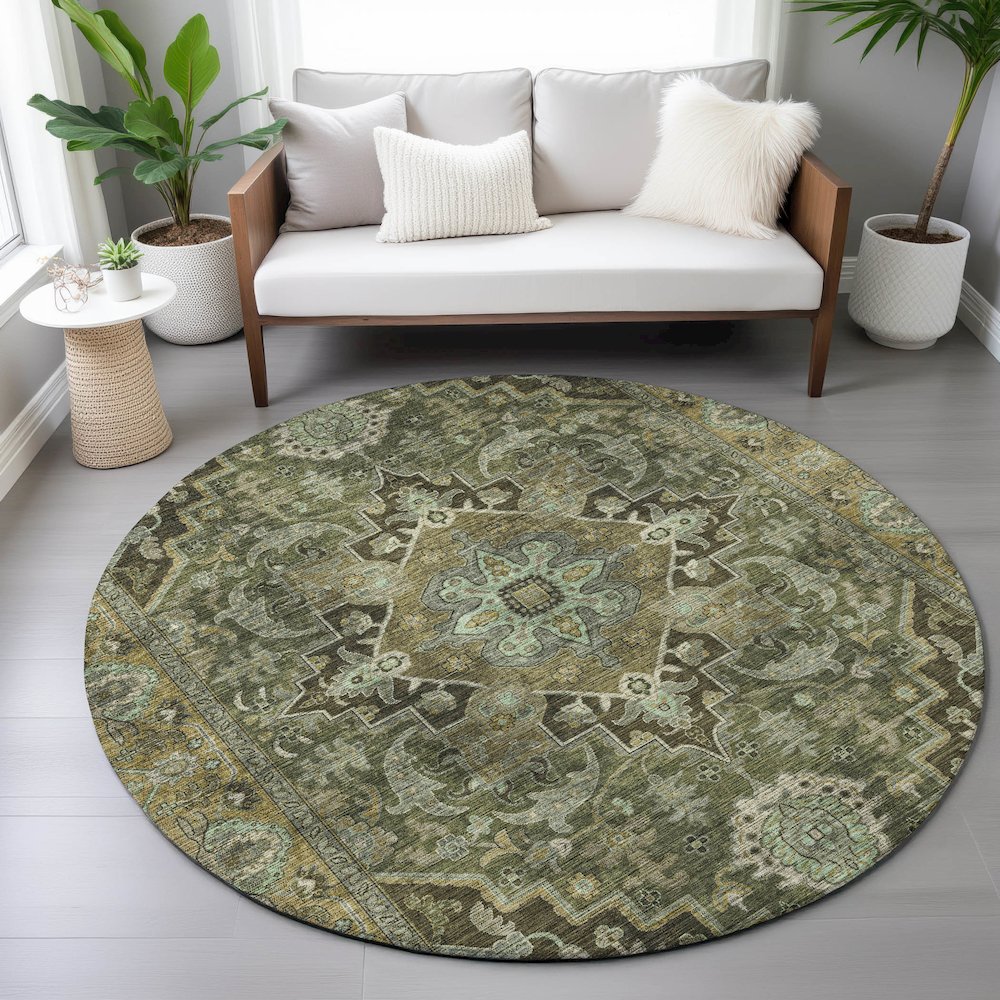 Machine Washable Indoor/Outdoor Chantille ACN2165 Olive 8' x 8' Round Rug. Picture 5