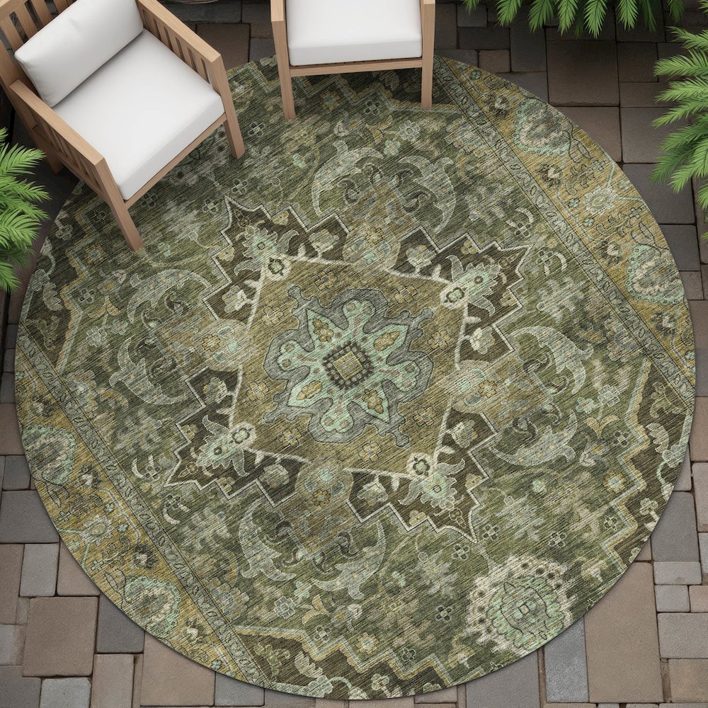 Machine Washable Indoor/Outdoor Chantille ACN2165 Olive 8' x 8' Round Rug. Picture 6