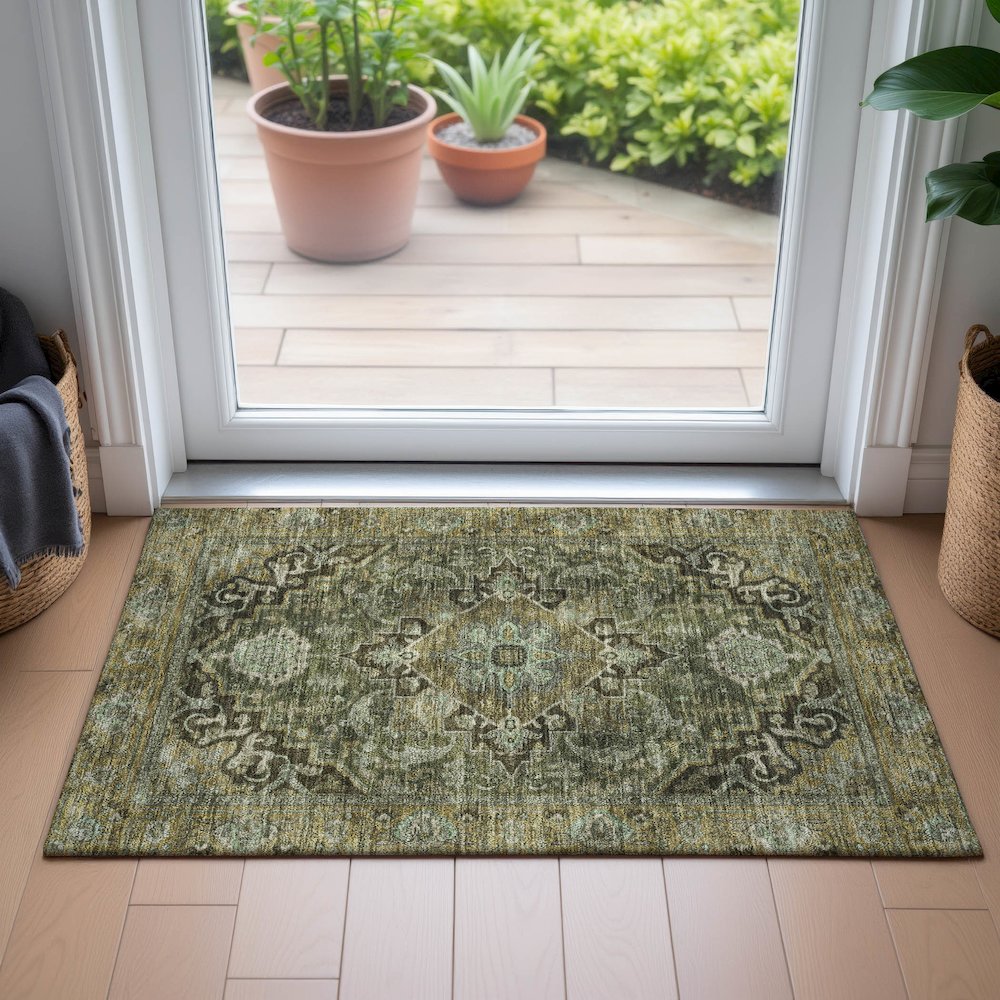 Machine Washable Indoor/Outdoor Chantille ACN2165 Olive 1'8" x 2'6" Rug. Picture 5