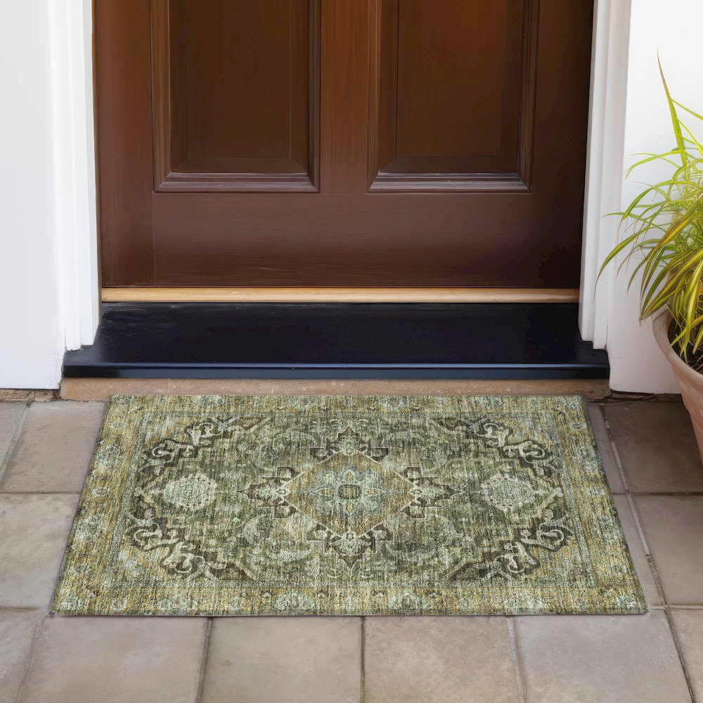 Machine Washable Indoor/Outdoor Chantille ACN2165 Olive 1'8" x 2'6" Rug. Picture 6