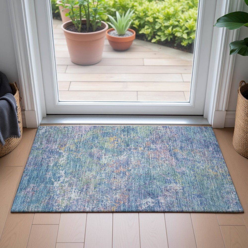 Machine Washable Indoor/Outdoor Chantille ACN2166 Aqua 1'8" x 2'6" Rug. Picture 5