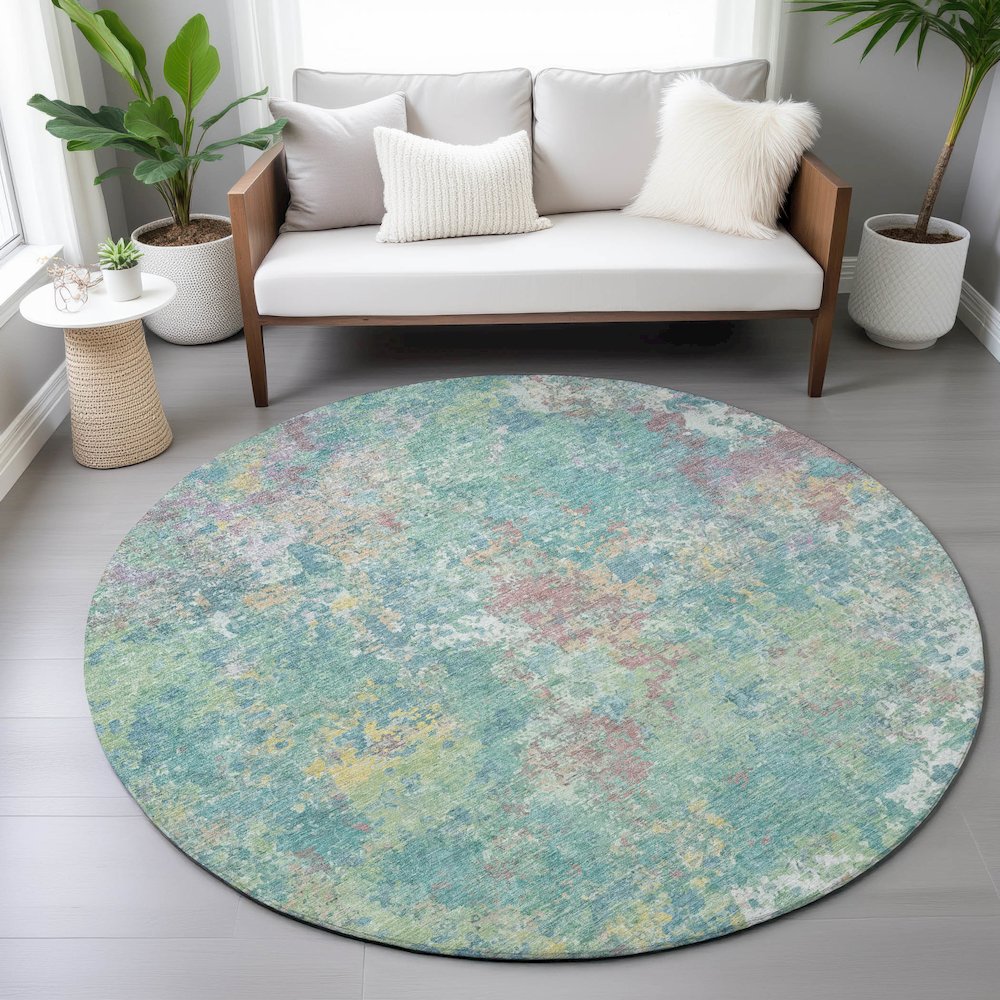 Machine Washable Indoor/Outdoor Chantille ACN2166 Teal 8' x 8' Round Rug. Picture 5