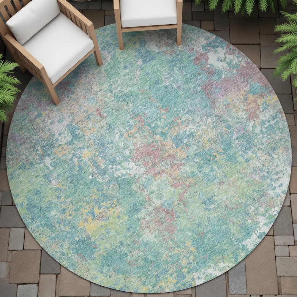 Machine Washable Indoor/Outdoor Chantille ACN2166 Teal 8' x 8' Round Rug. Picture 6