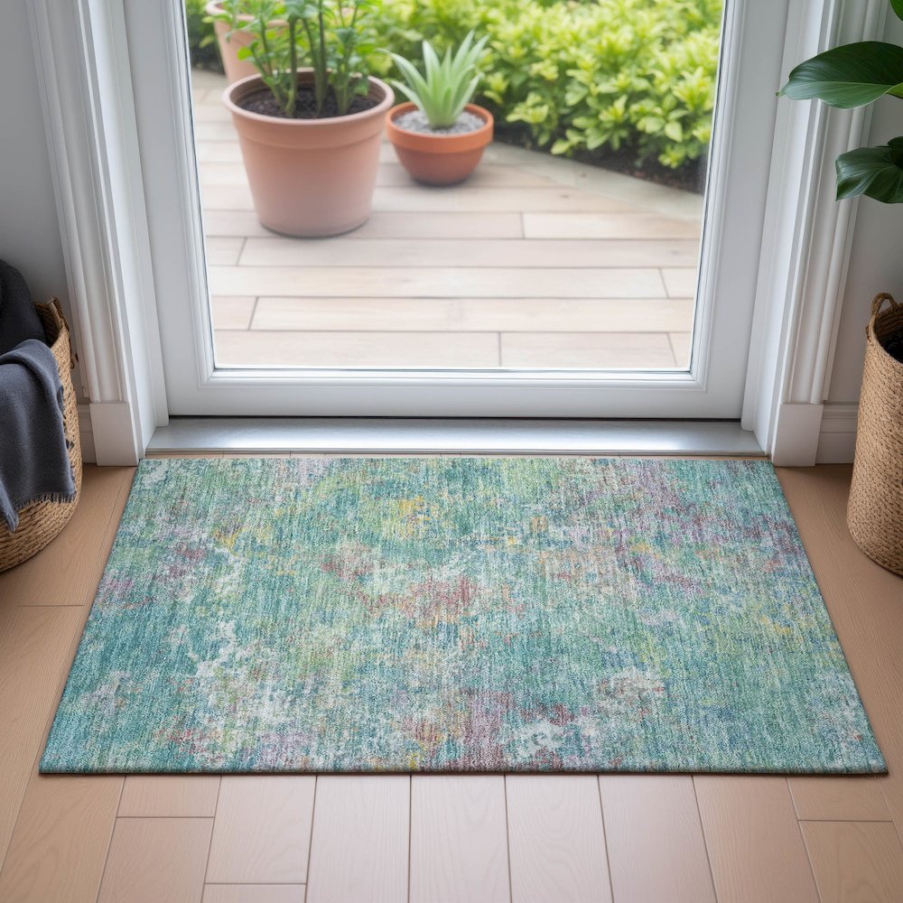 Machine Washable Indoor/Outdoor Chantille ACN2166 Teal 1'8" x 2'6" Rug. Picture 5