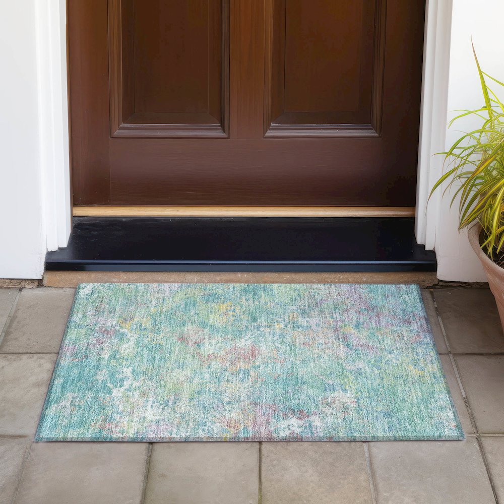 Machine Washable Indoor/Outdoor Chantille ACN2166 Teal 1'8" x 2'6" Rug. Picture 6