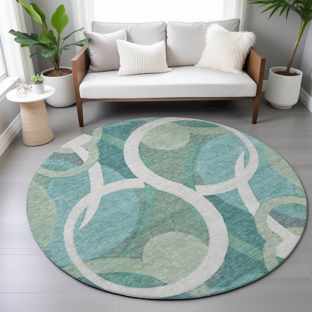 Machine Washable Indoor/Outdoor Chantille ACN2167 Teal 8' x 8' Round Rug. Picture 5