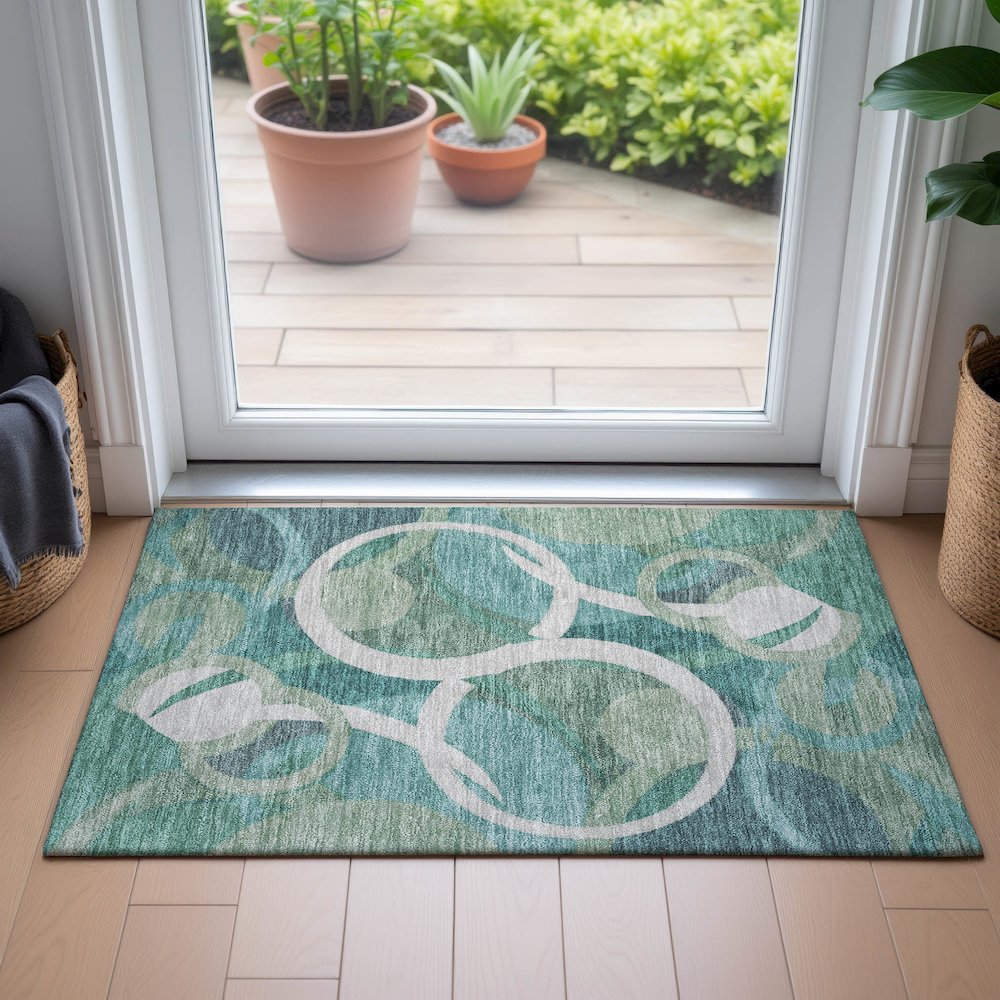 Machine Washable Indoor/Outdoor Chantille ACN2167 Teal 1'8" x 2'6" Rug. Picture 5