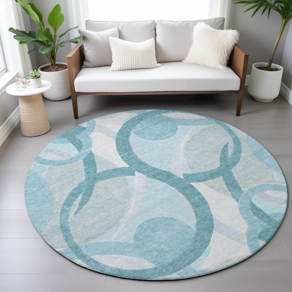Machine Washable Indoor/Outdoor Chantille ACN2168 Teal 8' x 8' Round Rug. Picture 5