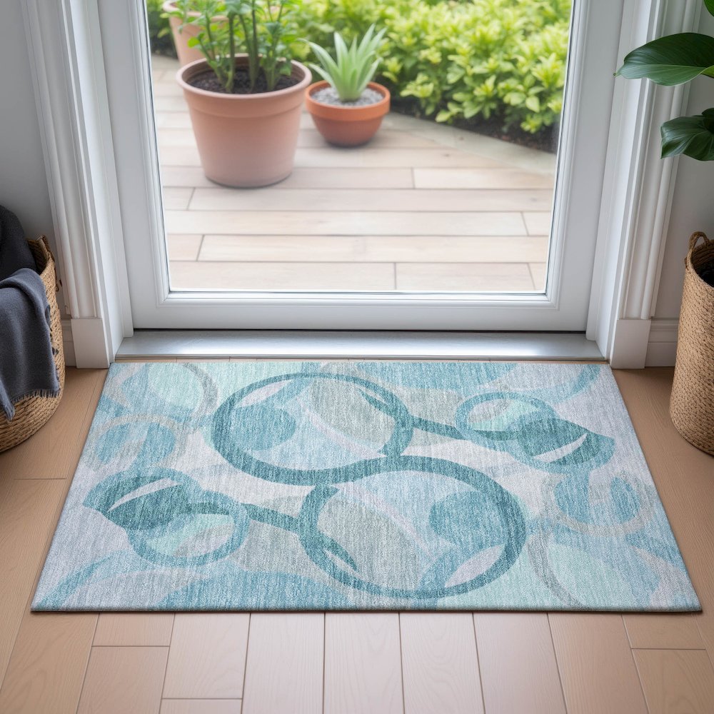 Machine Washable Indoor/Outdoor Chantille ACN2168 Teal 1'8" x 2'6" Rug. Picture 5