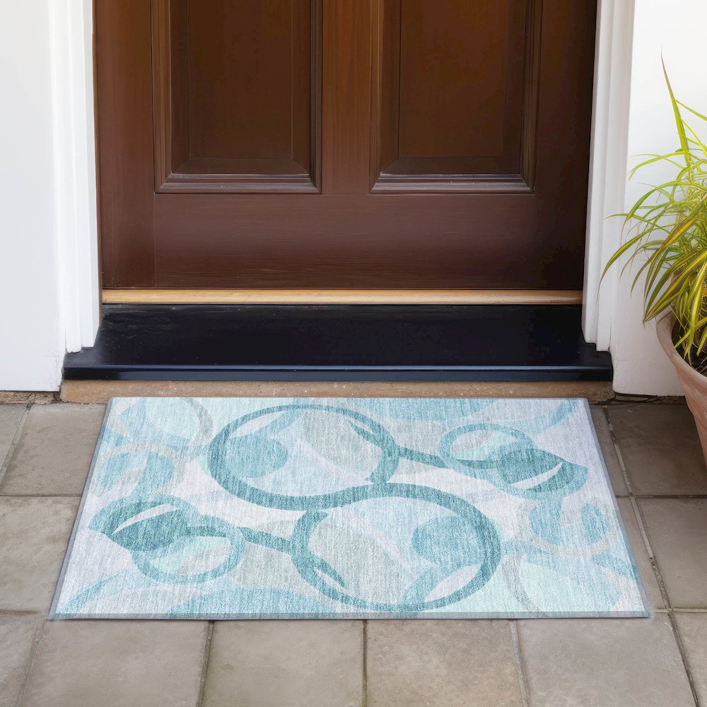 Machine Washable Indoor/Outdoor Chantille ACN2168 Teal 1'8" x 2'6" Rug. Picture 6