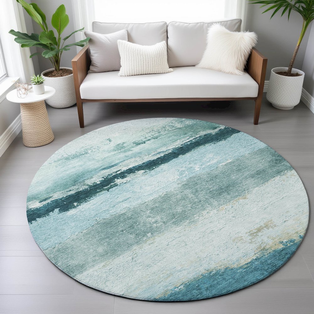 Machine Washable Indoor/Outdoor Chantille ACN2169 Teal 8' x 8' Round Rug. Picture 5