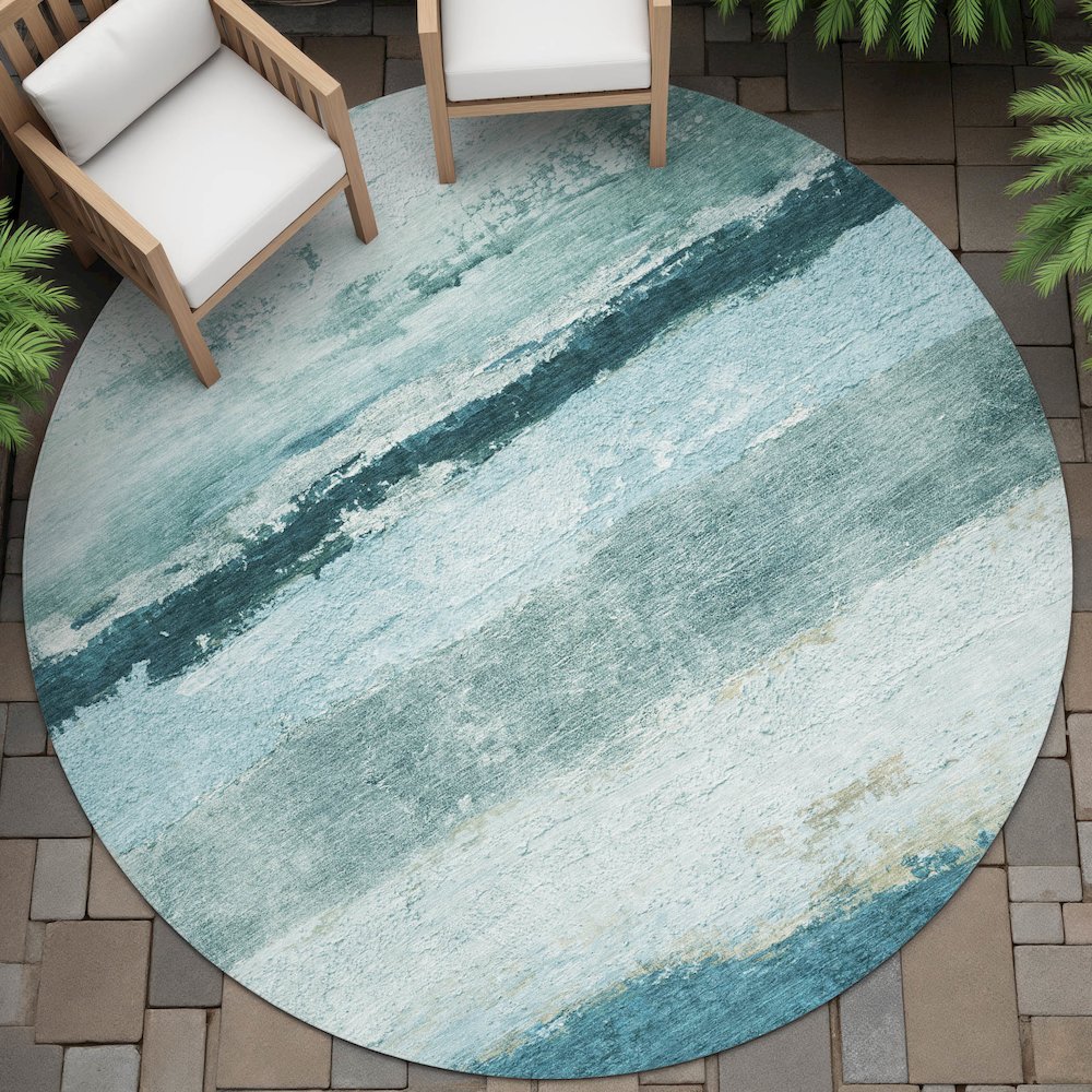 Machine Washable Indoor/Outdoor Chantille ACN2169 Teal 8' x 8' Round Rug. Picture 6