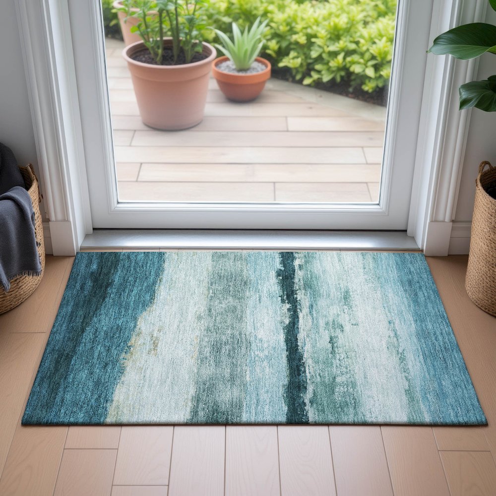Machine Washable Indoor/Outdoor Chantille ACN2169 Teal 1'8" x 2'6" Rug. Picture 5
