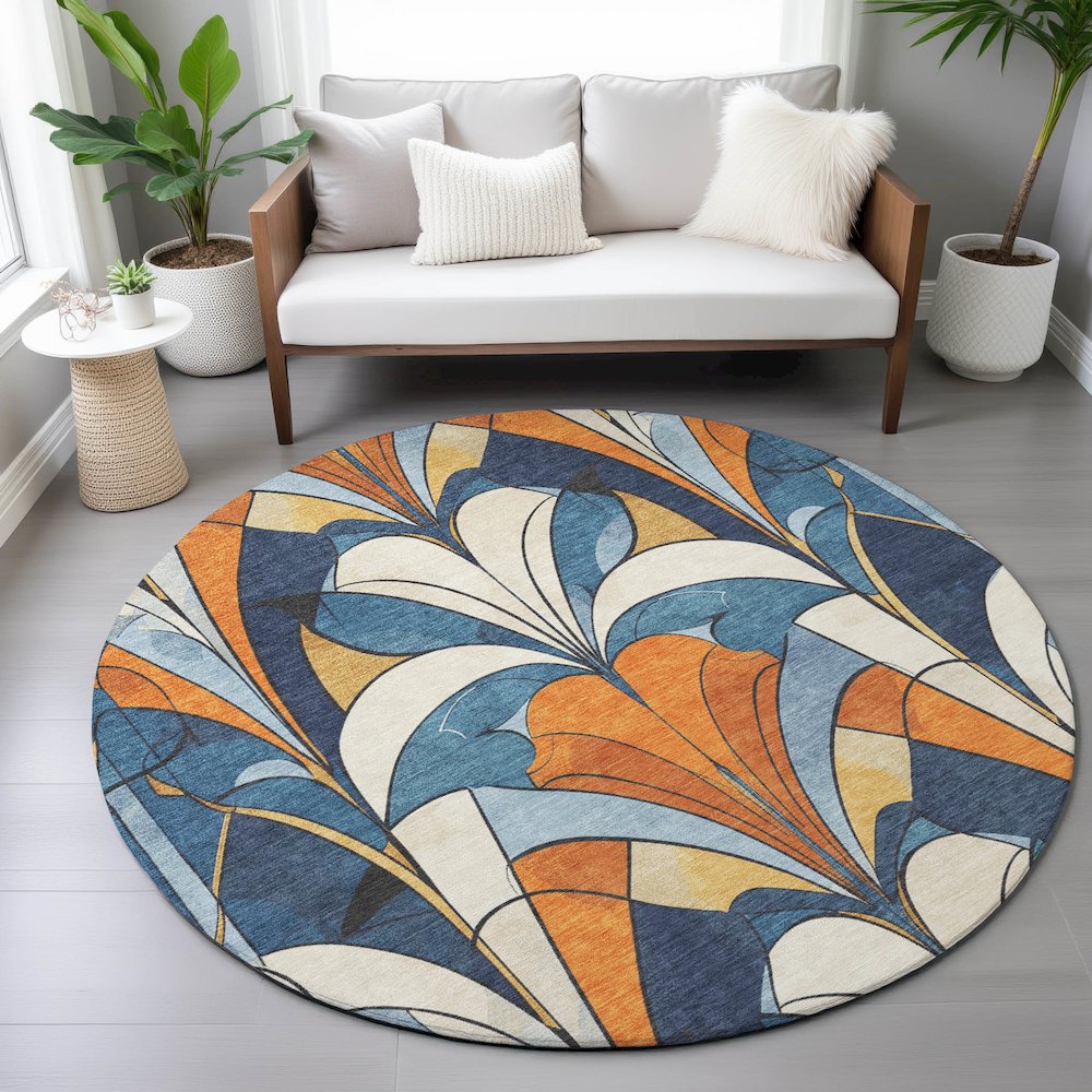Machine Washable Indoor/Outdoor Chantille ACN2174 Blue 8' x 8' Round Rug. Picture 5