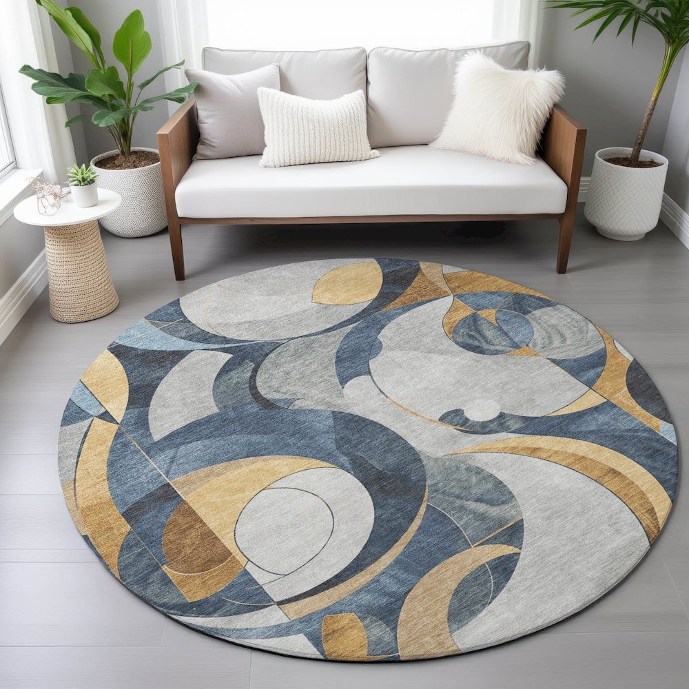 Machine Washable Indoor/Outdoor Chantille ACN2175 Blue 8' x 8' Round Rug. Picture 5
