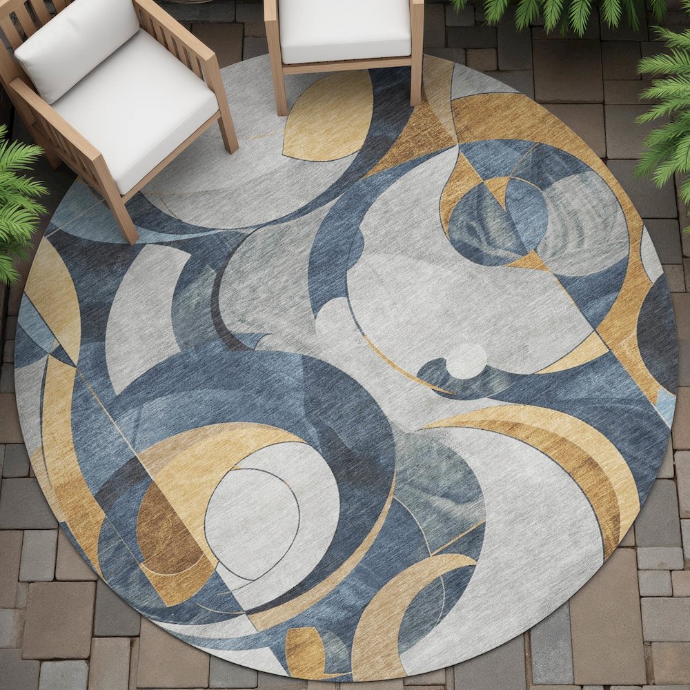 Machine Washable Indoor/Outdoor Chantille ACN2175 Blue 8' x 8' Round Rug. Picture 6