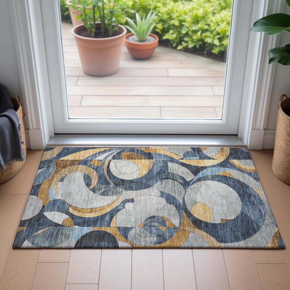 Machine Washable Indoor/Outdoor Chantille ACN2175 Blue 1'8" x 2'6" Rug. Picture 5