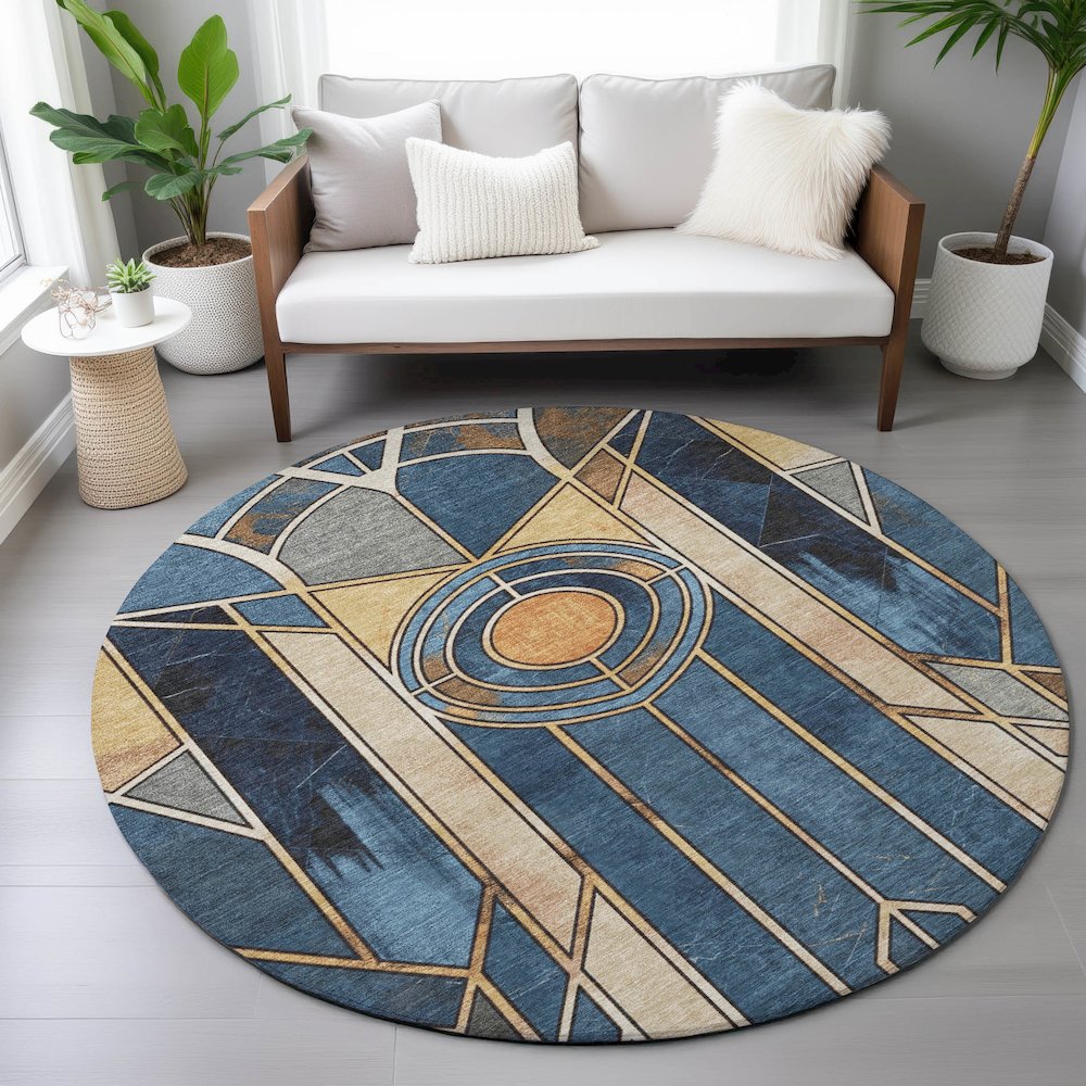 Machine Washable Indoor/Outdoor Chantille ACN2176 Blue 8' x 8' Round Rug. Picture 5