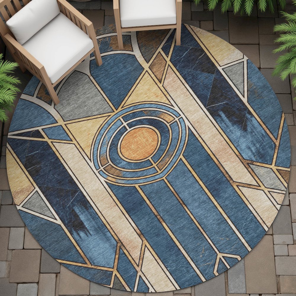 Machine Washable Indoor/Outdoor Chantille ACN2176 Blue 8' x 8' Round Rug. Picture 6