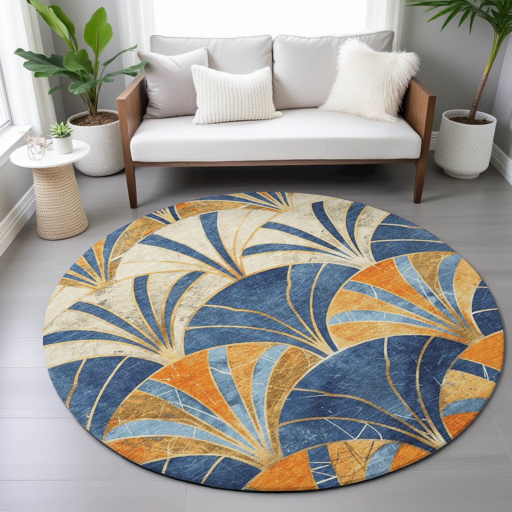 Machine Washable Indoor/Outdoor Chantille ACN2178 Blue 8' x 8' Round Rug. Picture 5