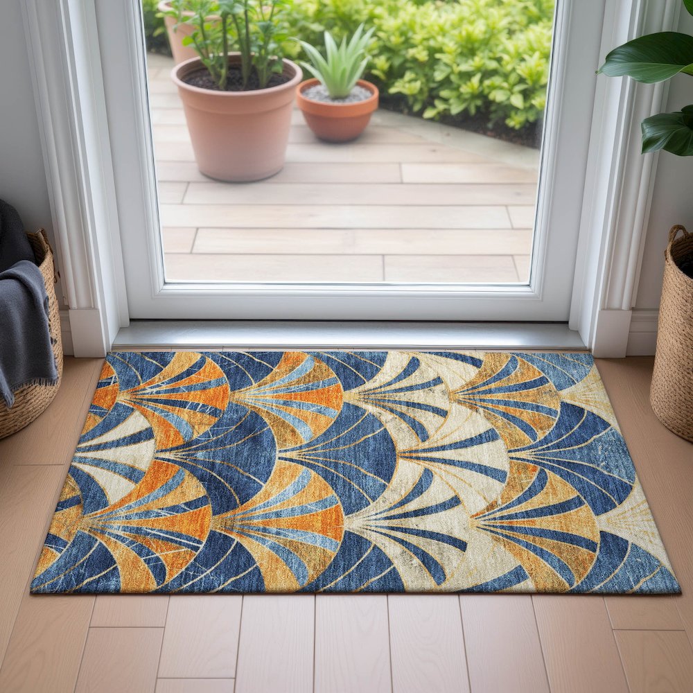 Machine Washable Indoor/Outdoor Chantille ACN2178 Blue 1'8" x 2'6" Rug. Picture 5