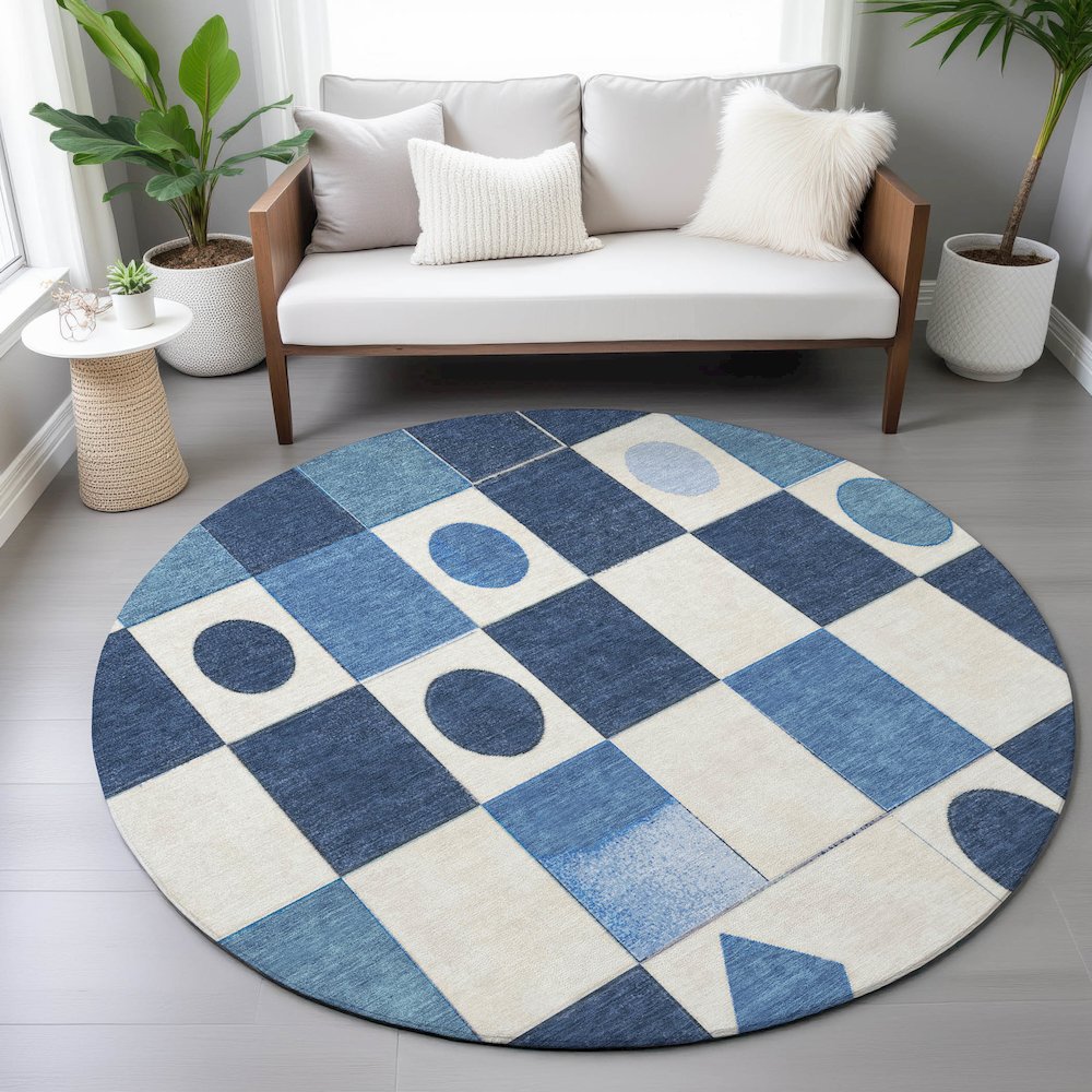 Machine Washable Indoor/Outdoor Chantille ACN2181 Blue 8' x 8' Round Rug. Picture 5