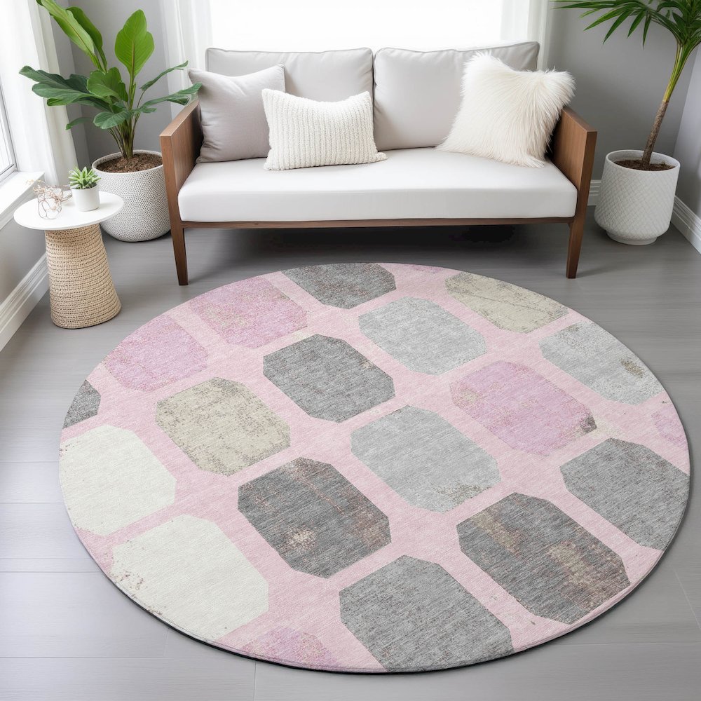 Machine Washable Indoor/Outdoor Chantille ACN2182 Pink 8' x 8' Round Rug. Picture 5
