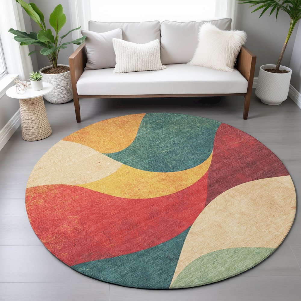 Machine Washable Indoor/Outdoor Chantille ACN2184 Orange 8' x 8' Round Rug. Picture 5