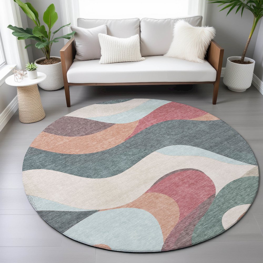Machine Washable Indoor/Outdoor Chantille ACN2186 Coral 8' x 8' Round Rug. Picture 5