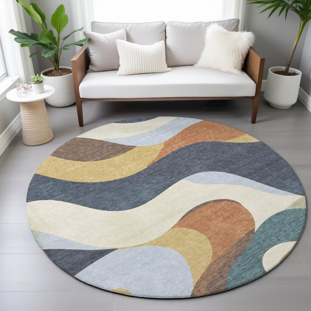 Machine Washable Indoor/Outdoor Chantille ACN2186 Gold 8' x 8' Round Rug. Picture 5