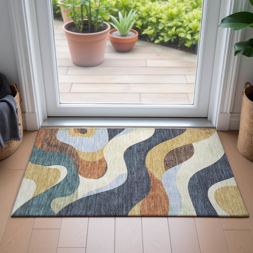 Machine Washable Indoor/Outdoor Chantille ACN2186 Gold 1'8" x 2'6" Rug. Picture 5