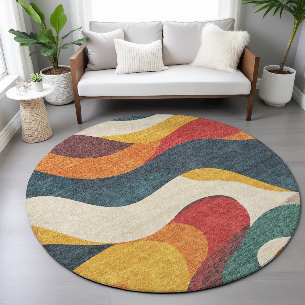 Machine Washable Indoor/Outdoor Chantille ACN2186 Orange 8' x 8' Round Rug. Picture 5