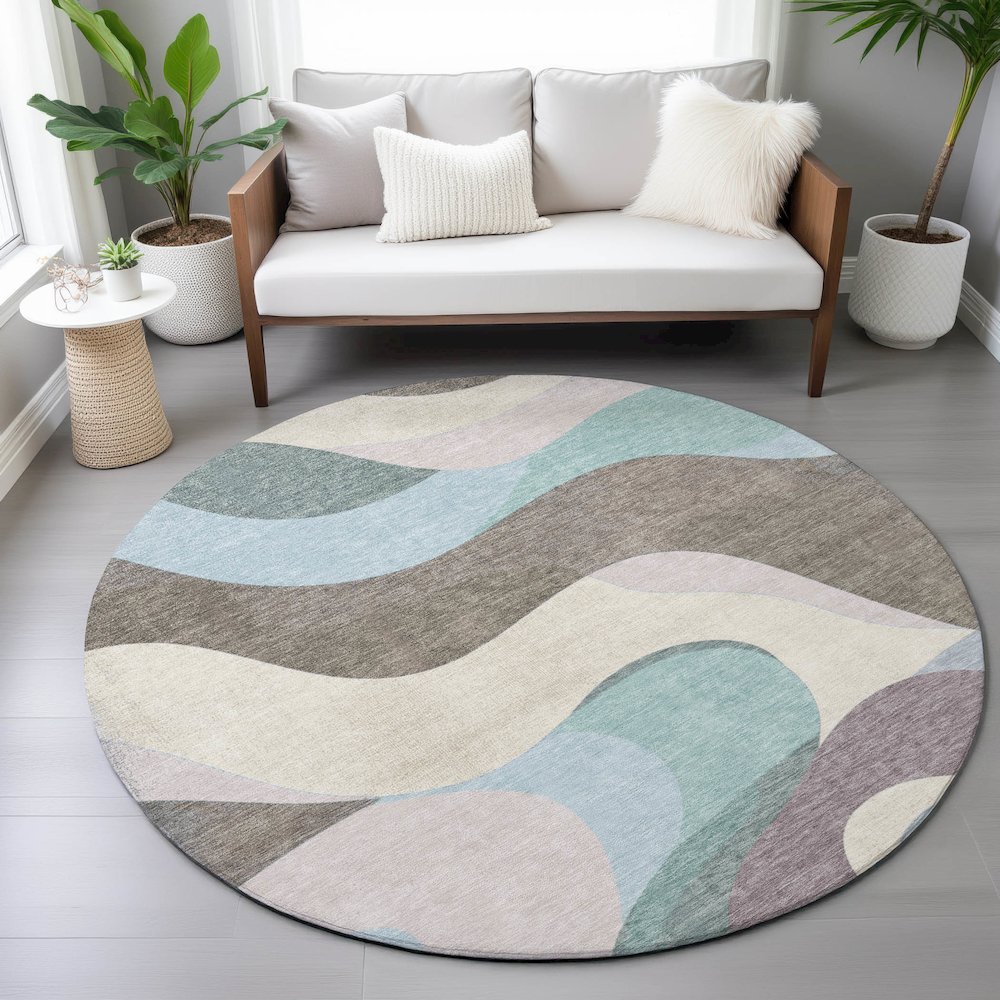 Machine Washable Indoor/Outdoor Chantille ACN2186 Taupe 8' x 8' Round Rug. Picture 5