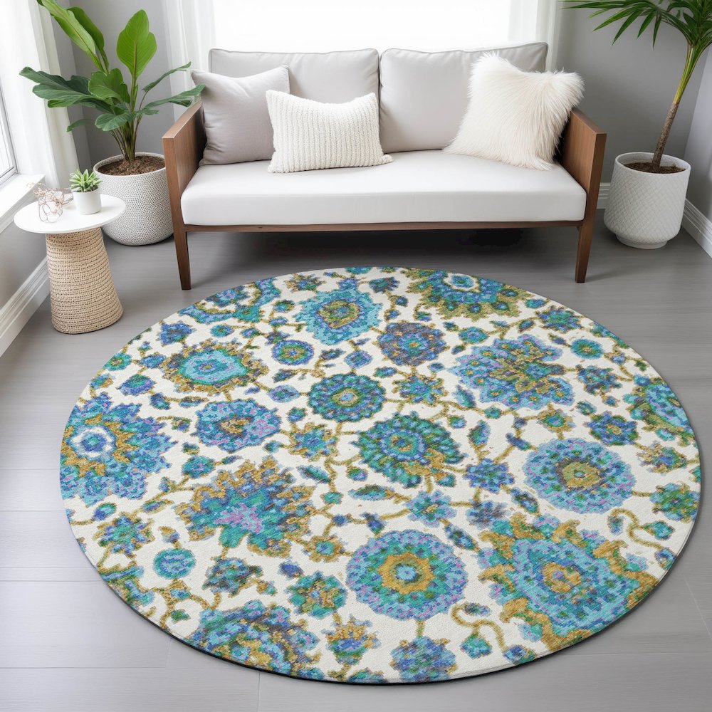 Machine Washable Indoor/Outdoor Chantille ACN2187 Aqua 8' x 8' Round Rug. Picture 5