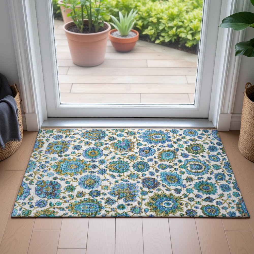 Machine Washable Indoor/Outdoor Chantille ACN2187 Aqua 1'8" x 2'6" Rug. Picture 5