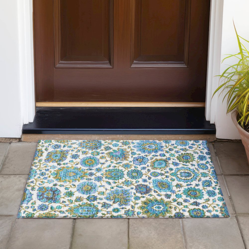 Machine Washable Indoor/Outdoor Chantille ACN2187 Aqua 1'8" x 2'6" Rug. Picture 6