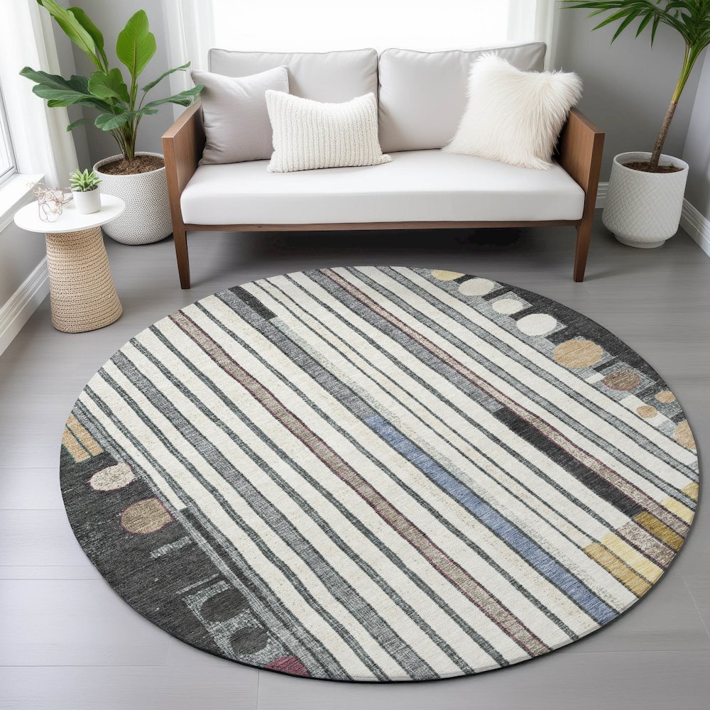 Machine Washable Indoor/Outdoor Chantille ACN2189 Black 8' x 8' Round Rug. Picture 5