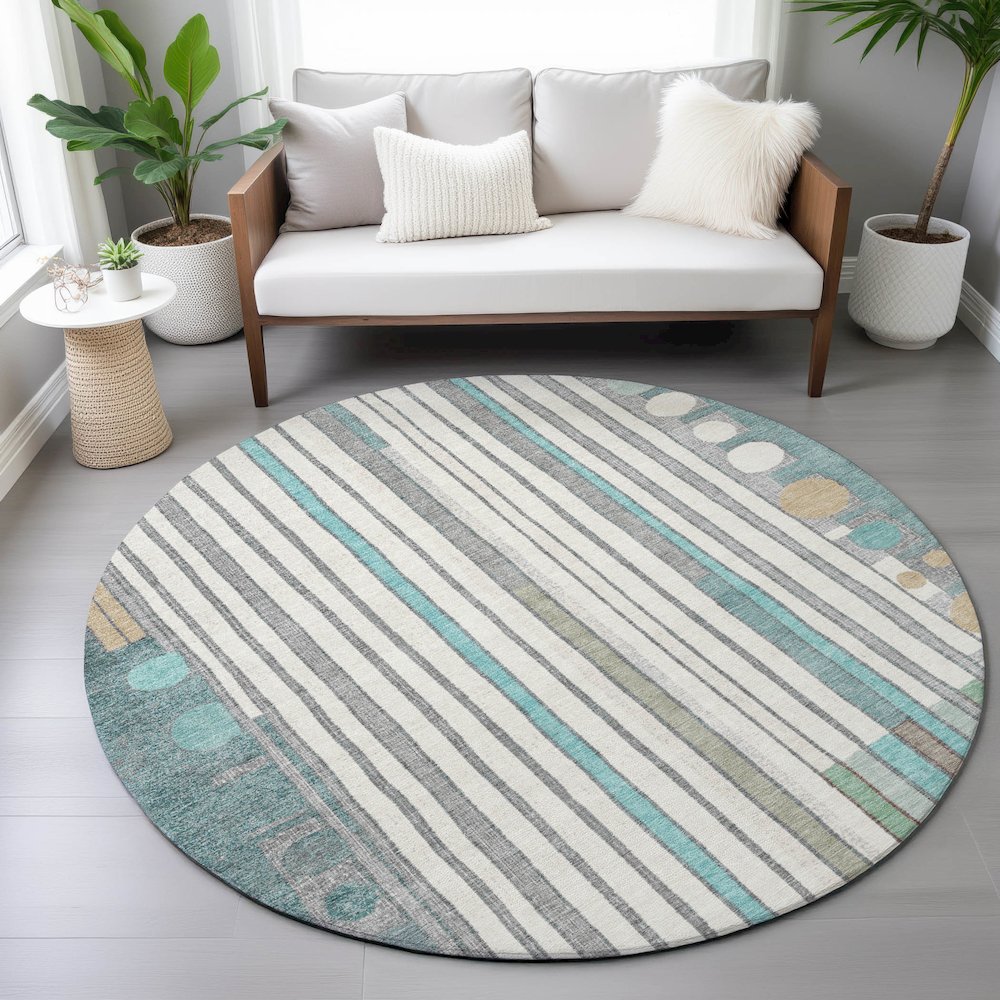 Machine Washable Indoor/Outdoor Chantille ACN2189 Teal 8' x 8' Round Rug. Picture 5