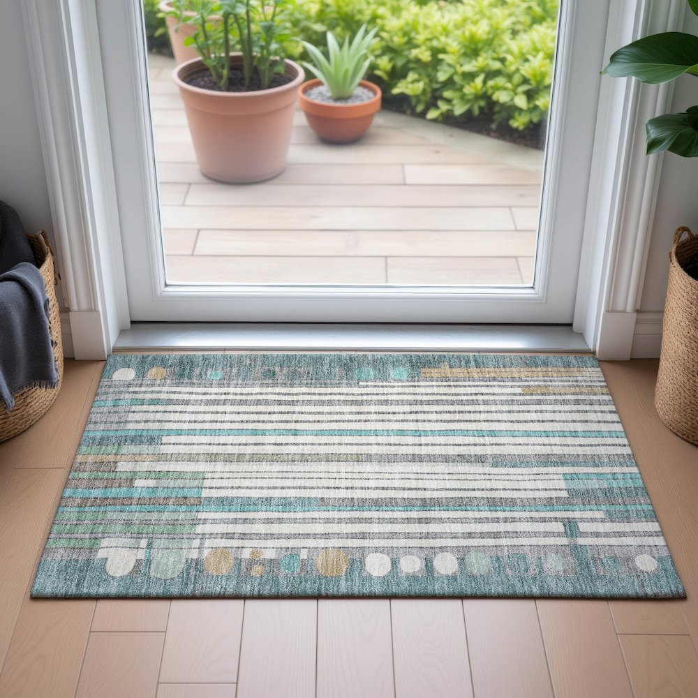 Machine Washable Indoor/Outdoor Chantille ACN2189 Teal 1'8" x 2'6" Rug. Picture 5