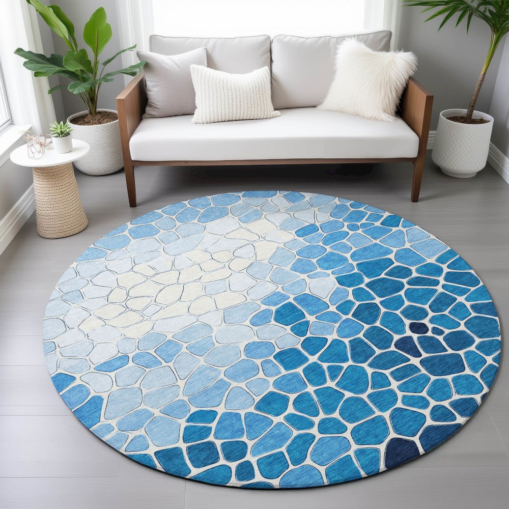 Machine Washable Indoor/Outdoor Chantille ACN2190 Blue 8' x 8' Round Rug. Picture 5
