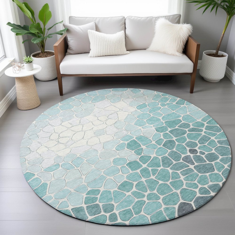 Machine Washable Indoor/Outdoor Chantille ACN2190 Teal 8' x 8' Round Rug. Picture 5