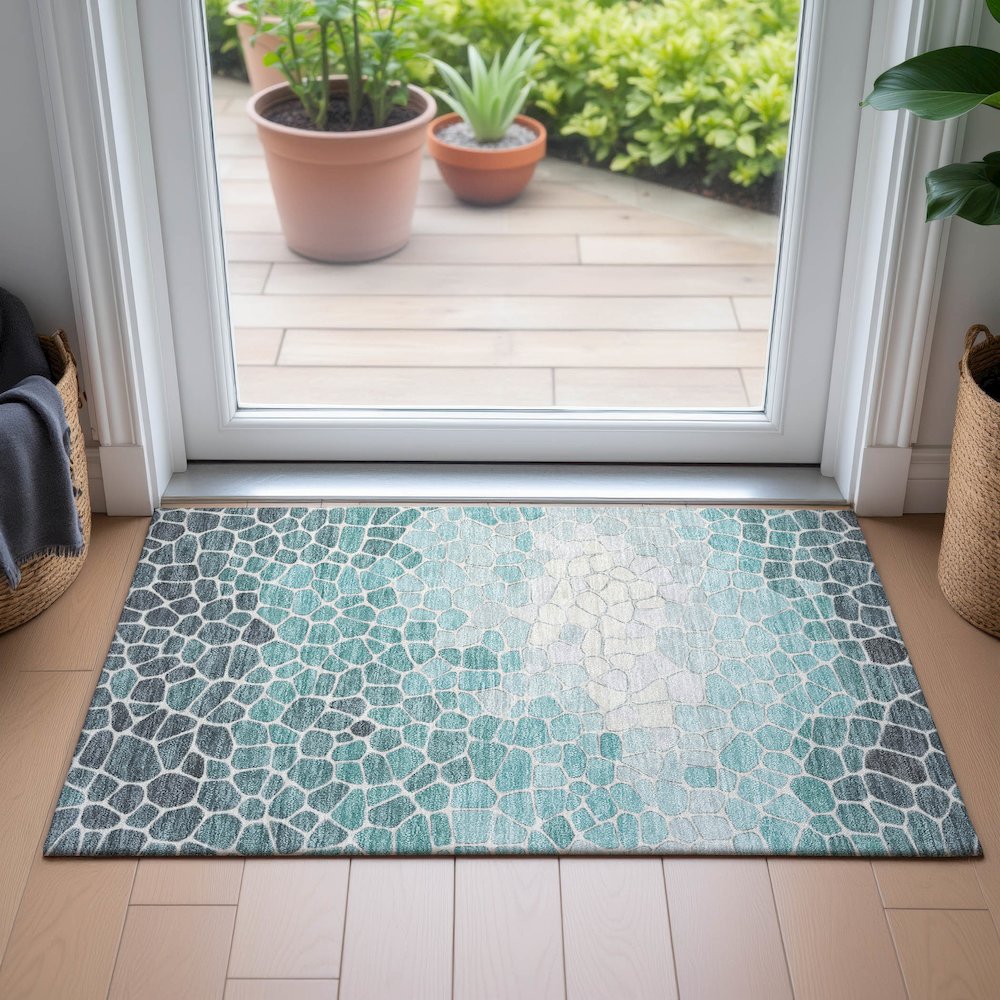 Machine Washable Indoor/Outdoor Chantille ACN2190 Teal 1'8" x 2'6" Rug. Picture 5