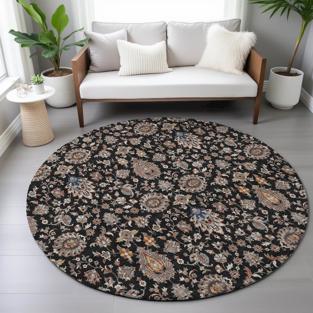 Machine Washable Indoor/Outdoor Chantille ACN2192 Black 8' x 8' Round Rug. Picture 5