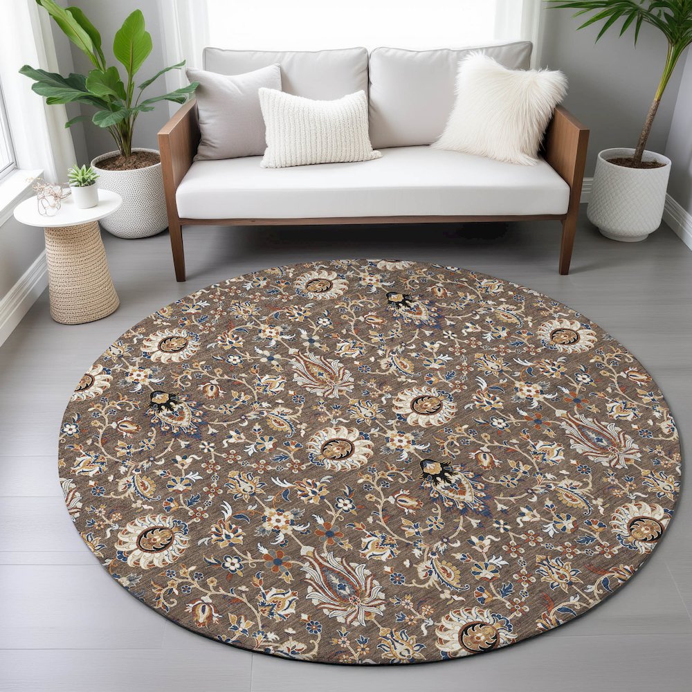 Machine Washable Indoor/Outdoor Chantille ACN2192 Chocolate 8' x 8' Round Rug. Picture 5