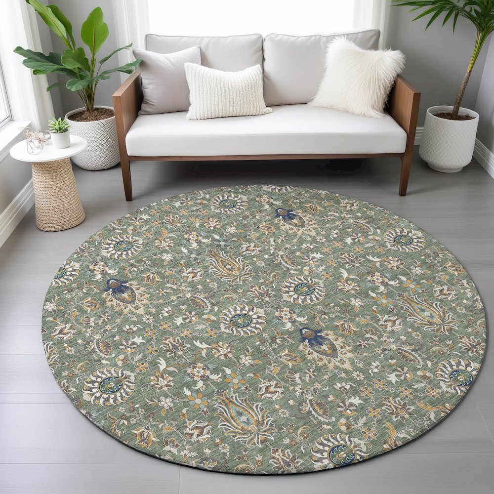 Machine Washable Indoor/Outdoor Chantille ACN2192 Green 8' x 8' Round Rug. Picture 5