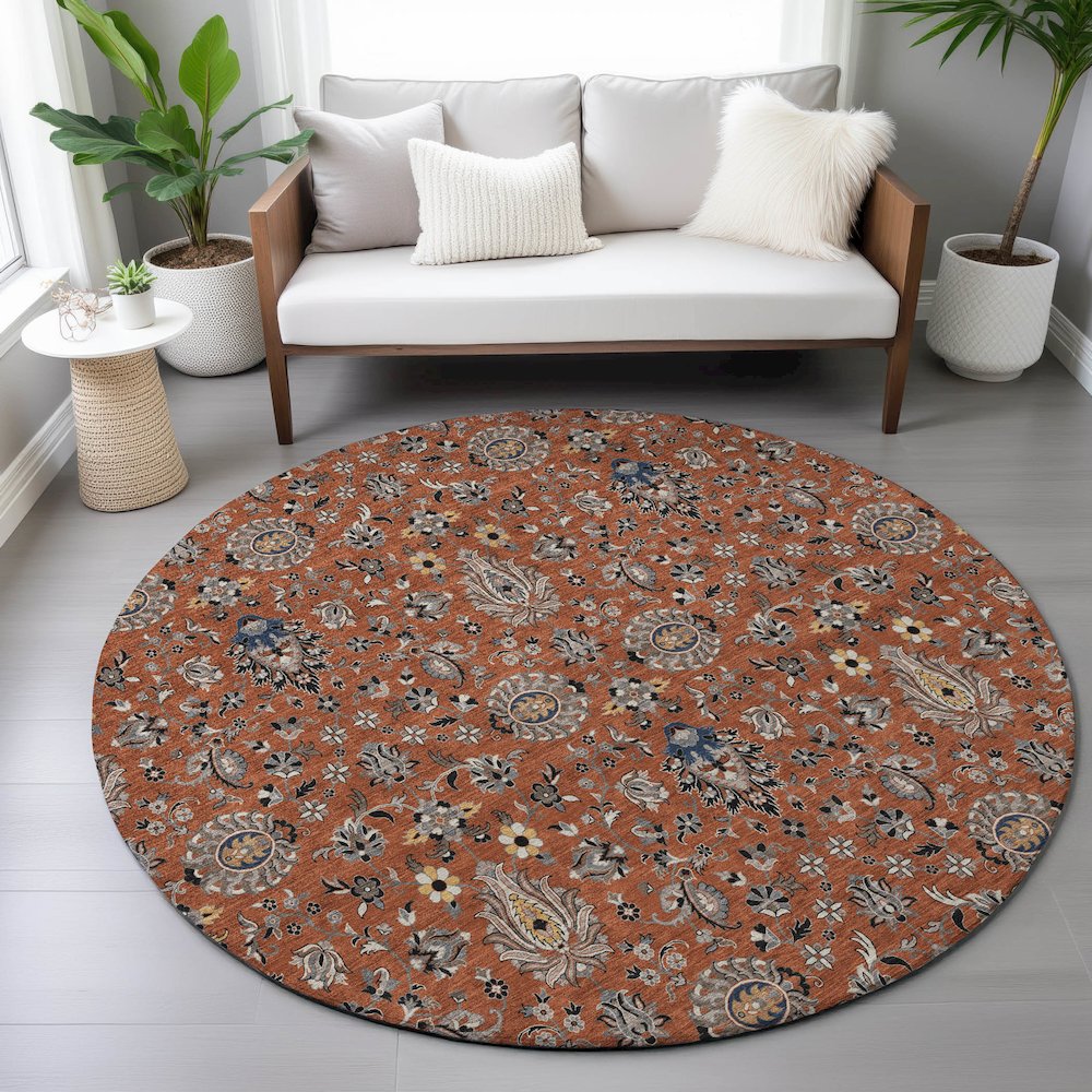 Machine Washable Indoor/Outdoor Chantille ACN2192 Paprika 8' x 8' Round Rug. Picture 5