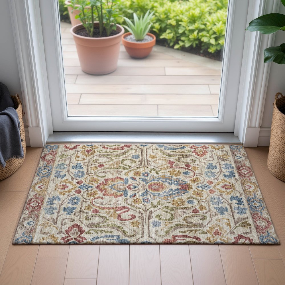 Machine Washable Indoor/Outdoor Chantille ACN2193 Beige 1'8" x 2'6" Rug. Picture 5